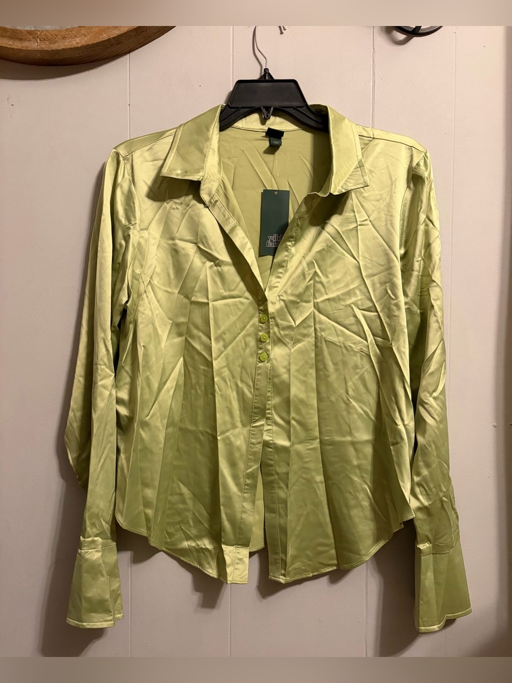 wild fable Satin Lime 3 Button-Front Long-Sleeve Shirt